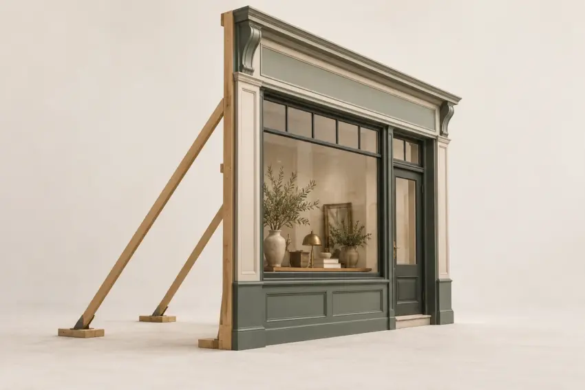 A polished sage-green shopfront revealed as a freestanding facade, held up by exposed timber braces with no building behind it.