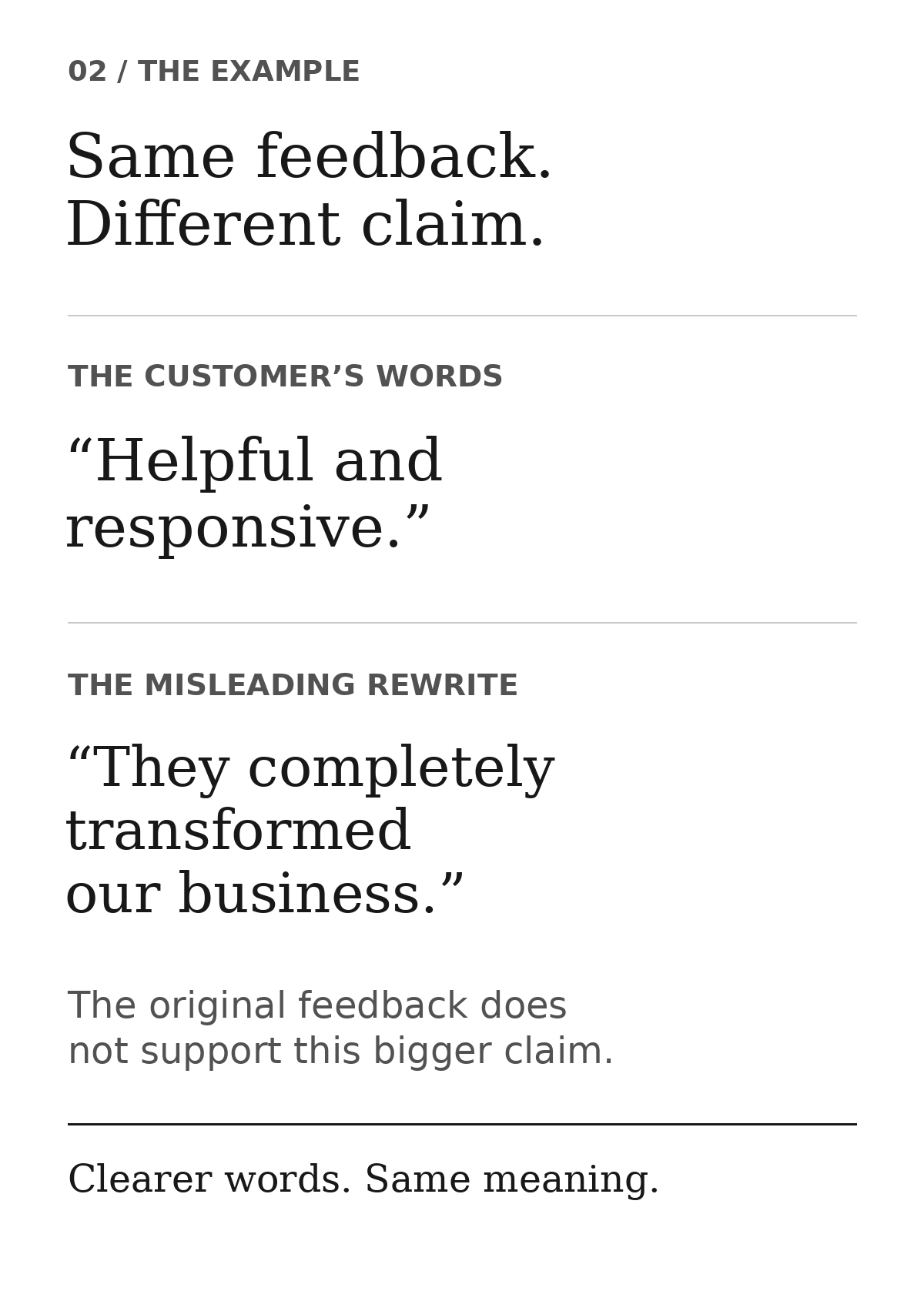 Testimonial example. The customer says “Helpful and responsive.” The misleading rewrite says “They completely transformed our business.” The original feedback does not support that bigger claim. Clearer words must keep the same meaning.